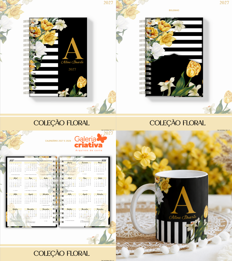 02-FLORAL AMARELO E PRETO Arquivo Agenda 2027 Alfabeto Floral Amarelo e Preto - Imagem 1