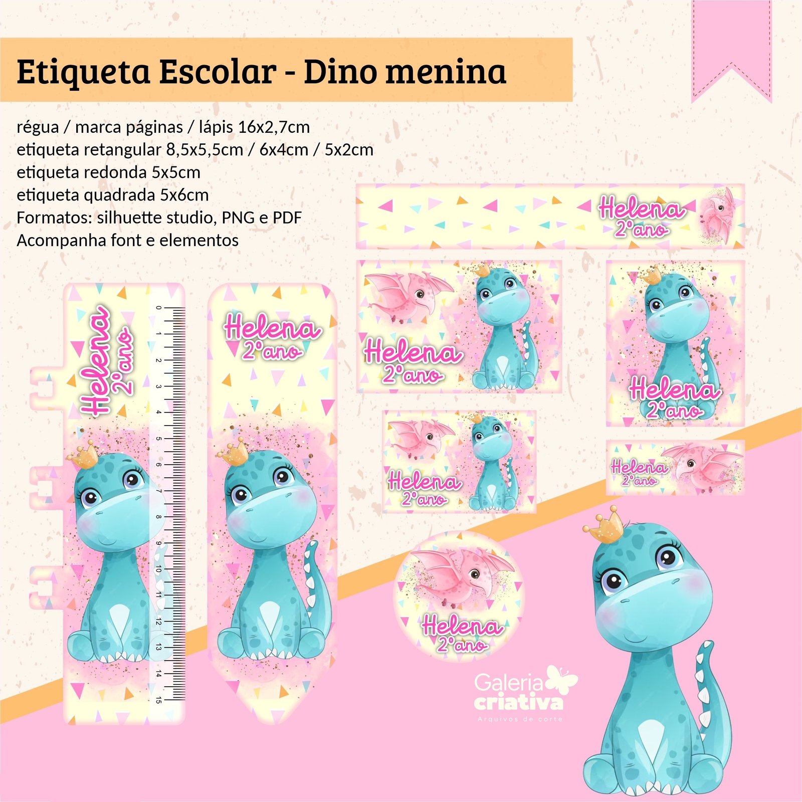 10 - Dino baby Menina Arquivo Etiqueta Escolar Dino baby Menina - Imagem 1