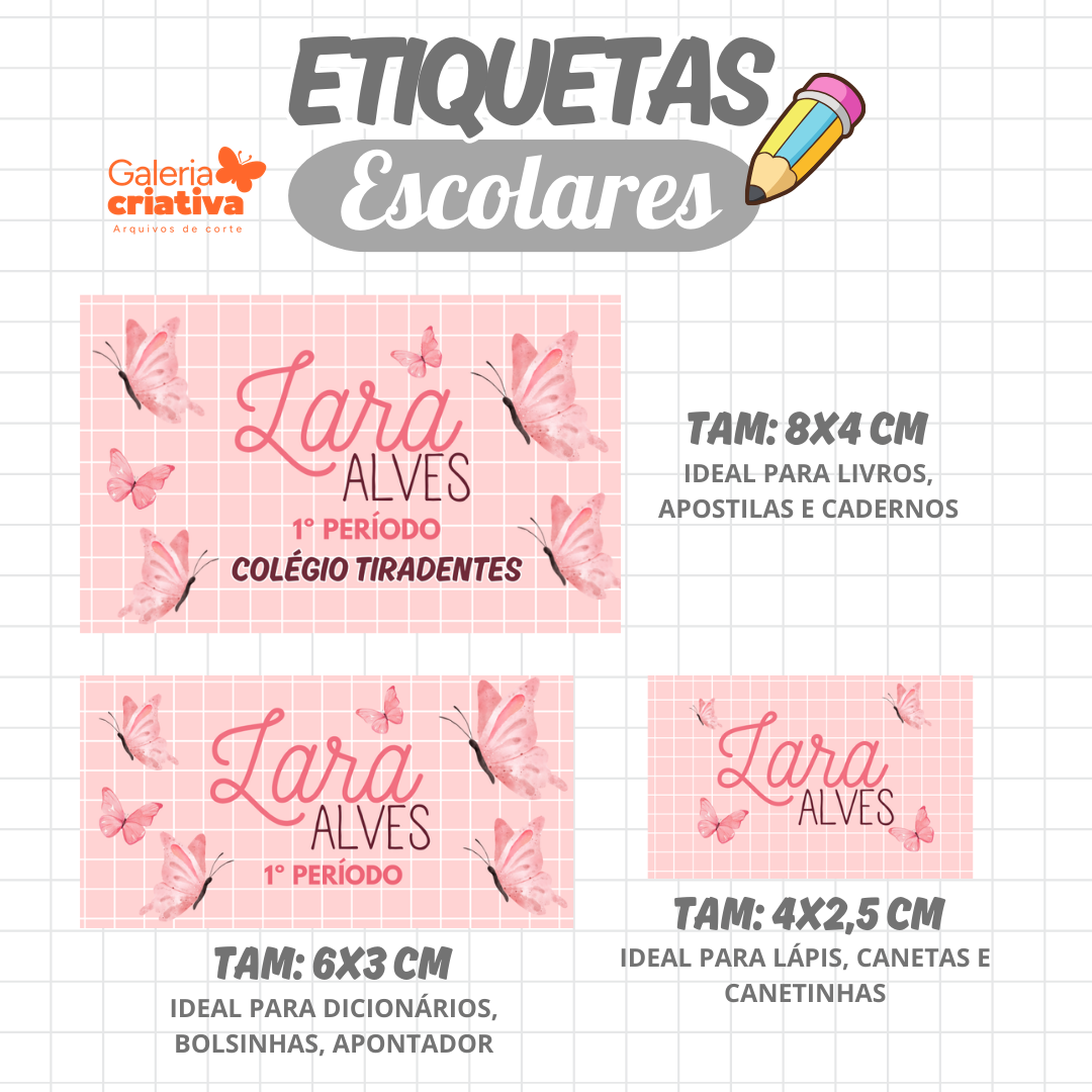 110. BORBOLETAS QUADRICULADO Arquivo Etiqueta Escolar BORBOLETAS QUADRICULADO - Imagem 1