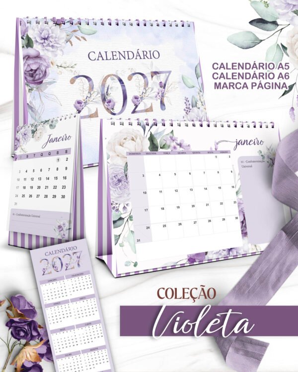16-Calendários de Mesa 2027 A5 A6 e Calendário Marca Página Coleção Violeta Arquivo Calendários de Mesa 2027 A5 A6 e Calendário Marca Página Coleção Violeta - Imagem 1