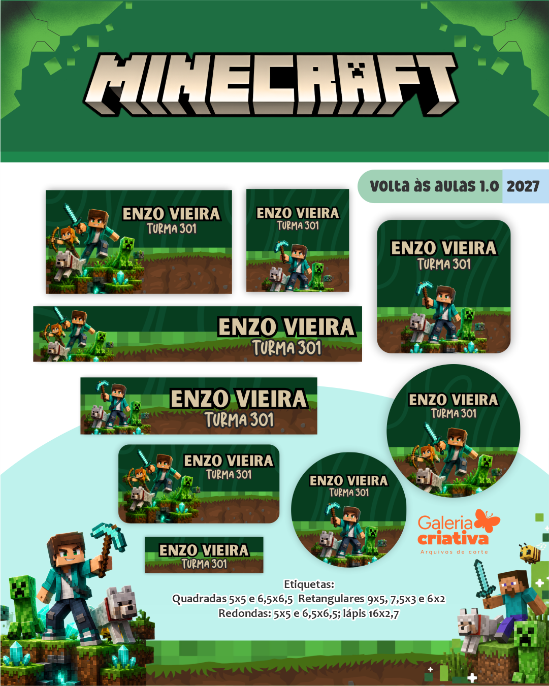 20) MINECRAFT Arquivo Etiqueta Escolar MINECRAFT - Imagem 1