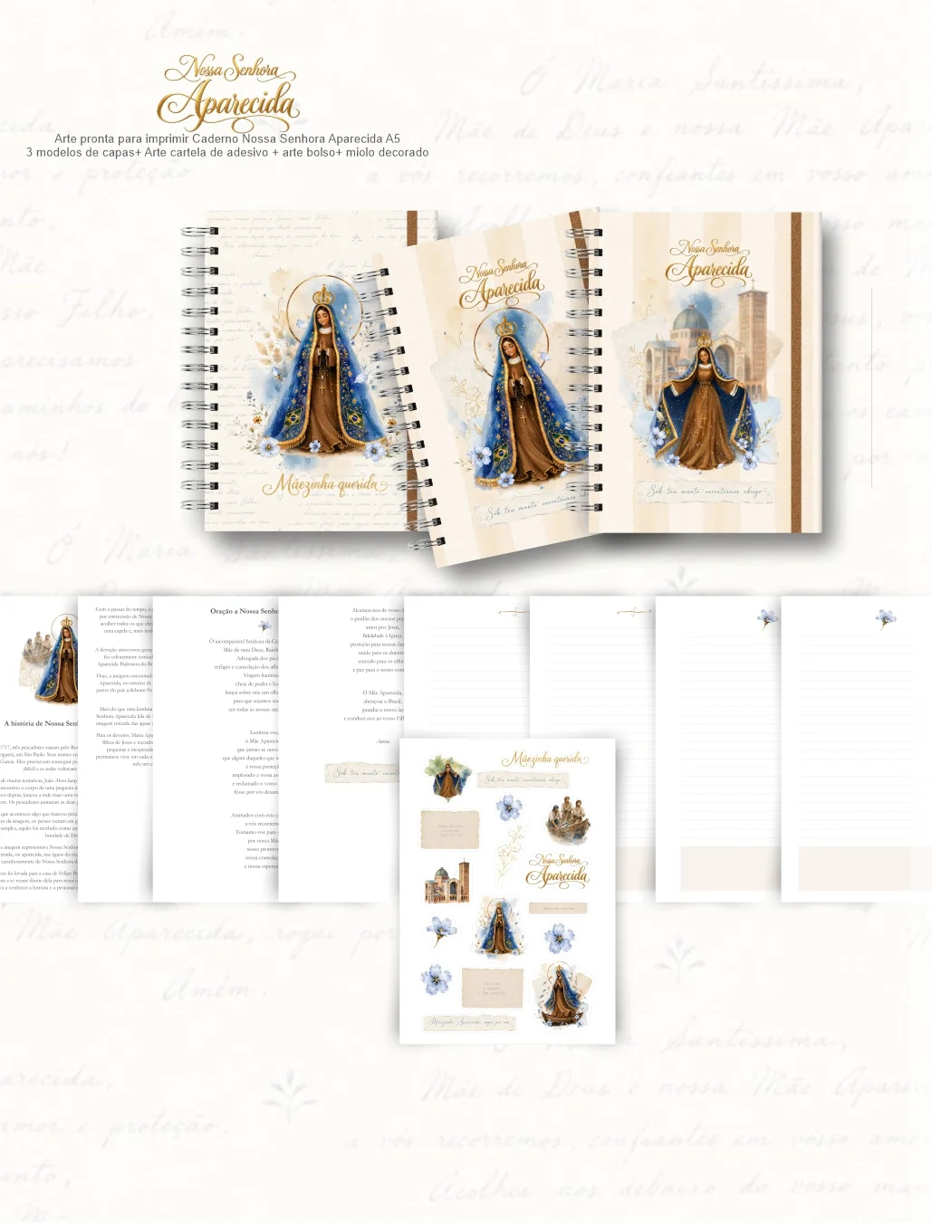 21-caderno NS Aparecida 7 + capas + miolo decorado + bolso + cartela adesivo Arquivo Caderno NS Aparecida 7 + capas + miolo decorado + bolso + cartela adesivo - Imagem 1