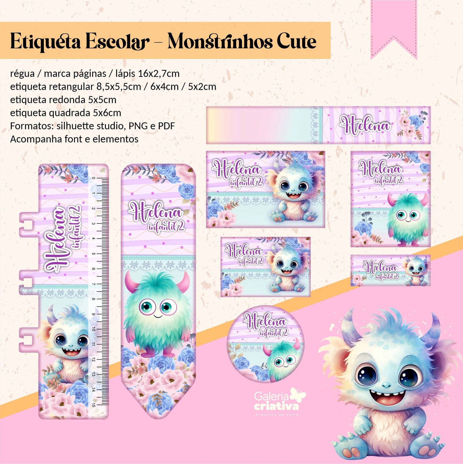 28 - Monstrinho Cute Arquivo Etiqueta Escolar Monstrinho Cute - Imagem 1