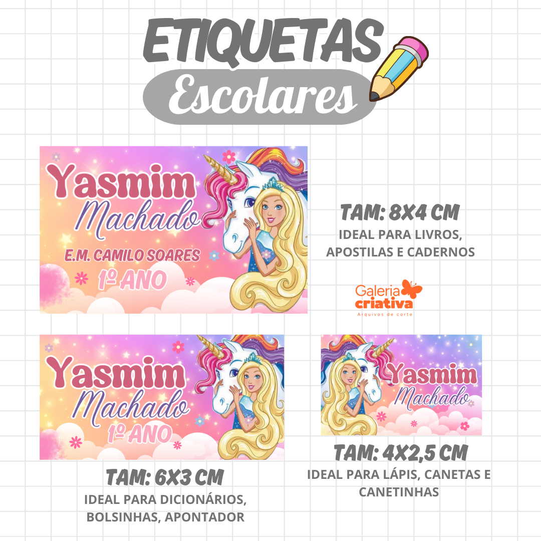 29. BARBIE UNICÓRNIO Arquivo Etiqueta Escolar BARBIE UNICÓRNIO - Imagem 1