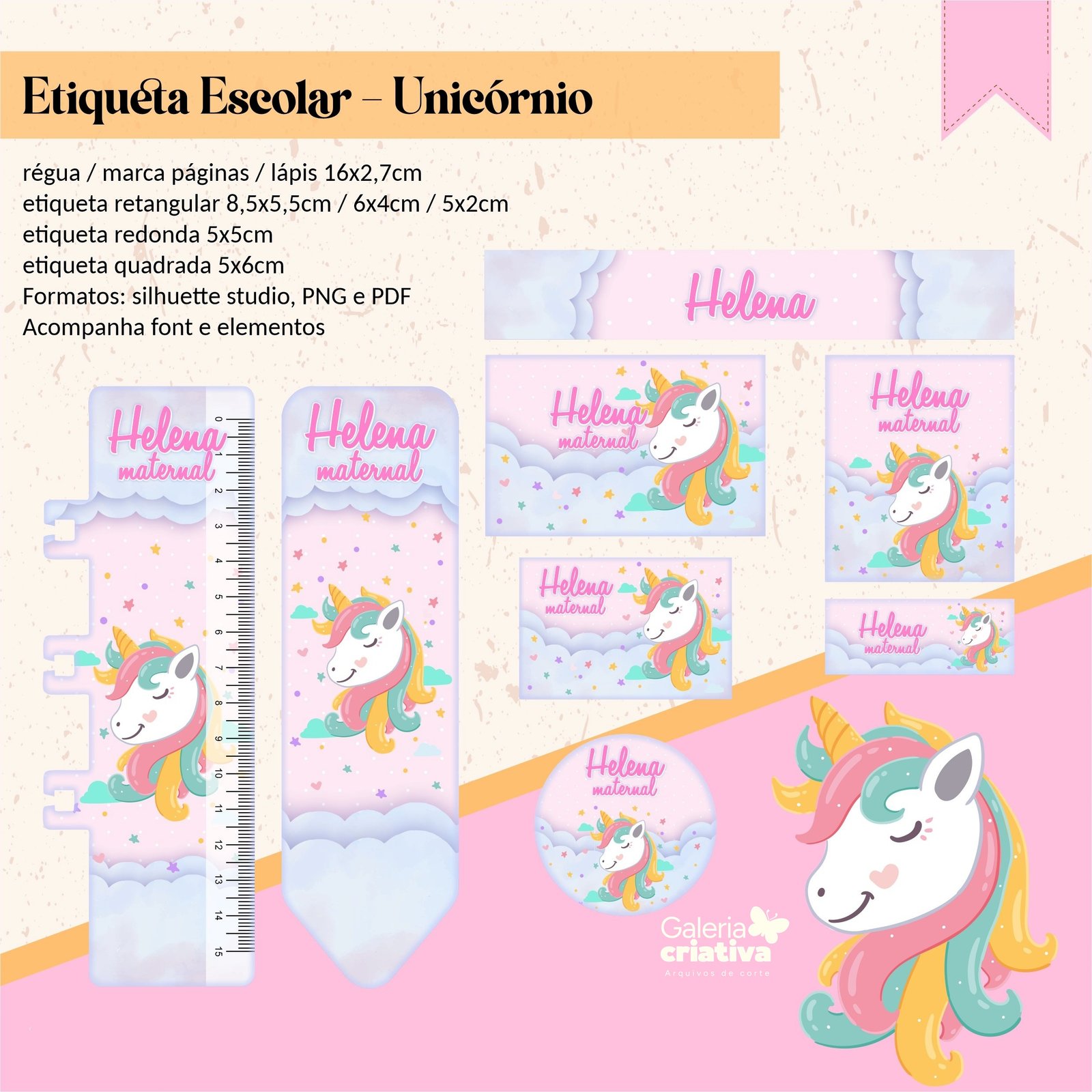 49 - Unicórnio Arquivo Etiqueta Escolar Unicórnio - Imagem 1