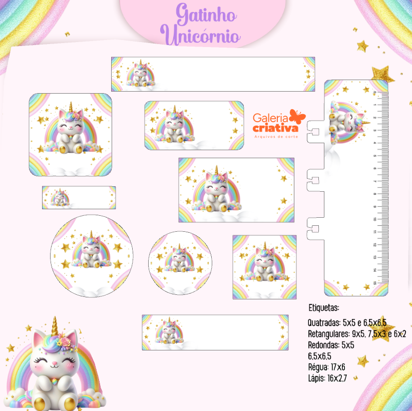 58 - GATINHO UNICÓRNIO Arquivo Etiqueta Escolar GATINHO UNICÓRNIO - Imagem 1