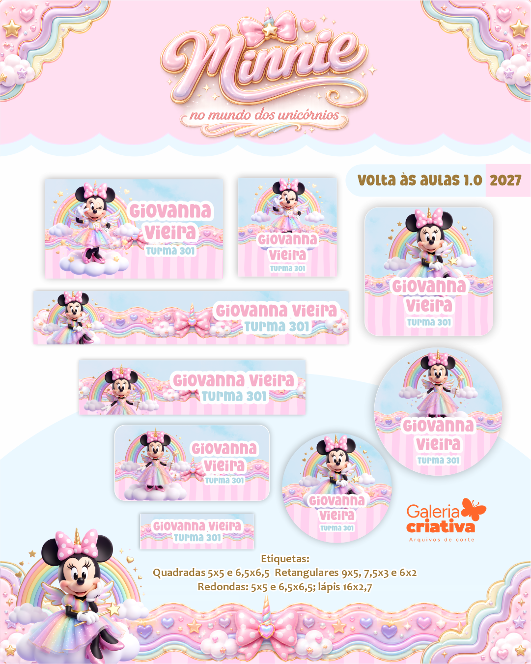 7) MINNIE UNICÓRNIO Arquivo Etiqueta Escolar MINNIE UNICÓRNIO - Imagem 1