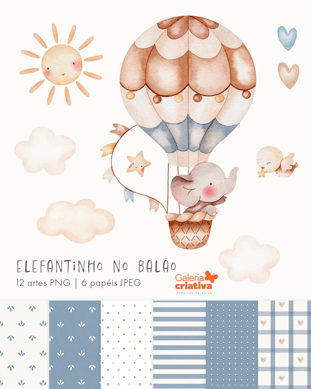 Elefantinho no Balão Kit Digital Elefantinho no Balão Aquarela - Imagem 1