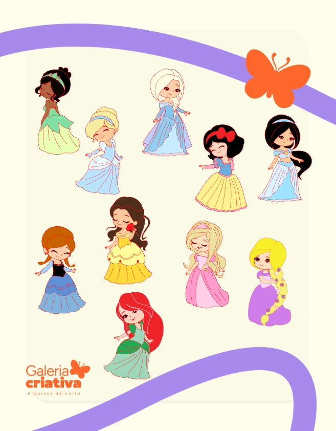 Pack Princesas Cute Arquivo Topo de Bolo Pack Princesas Cute - Imagem 1