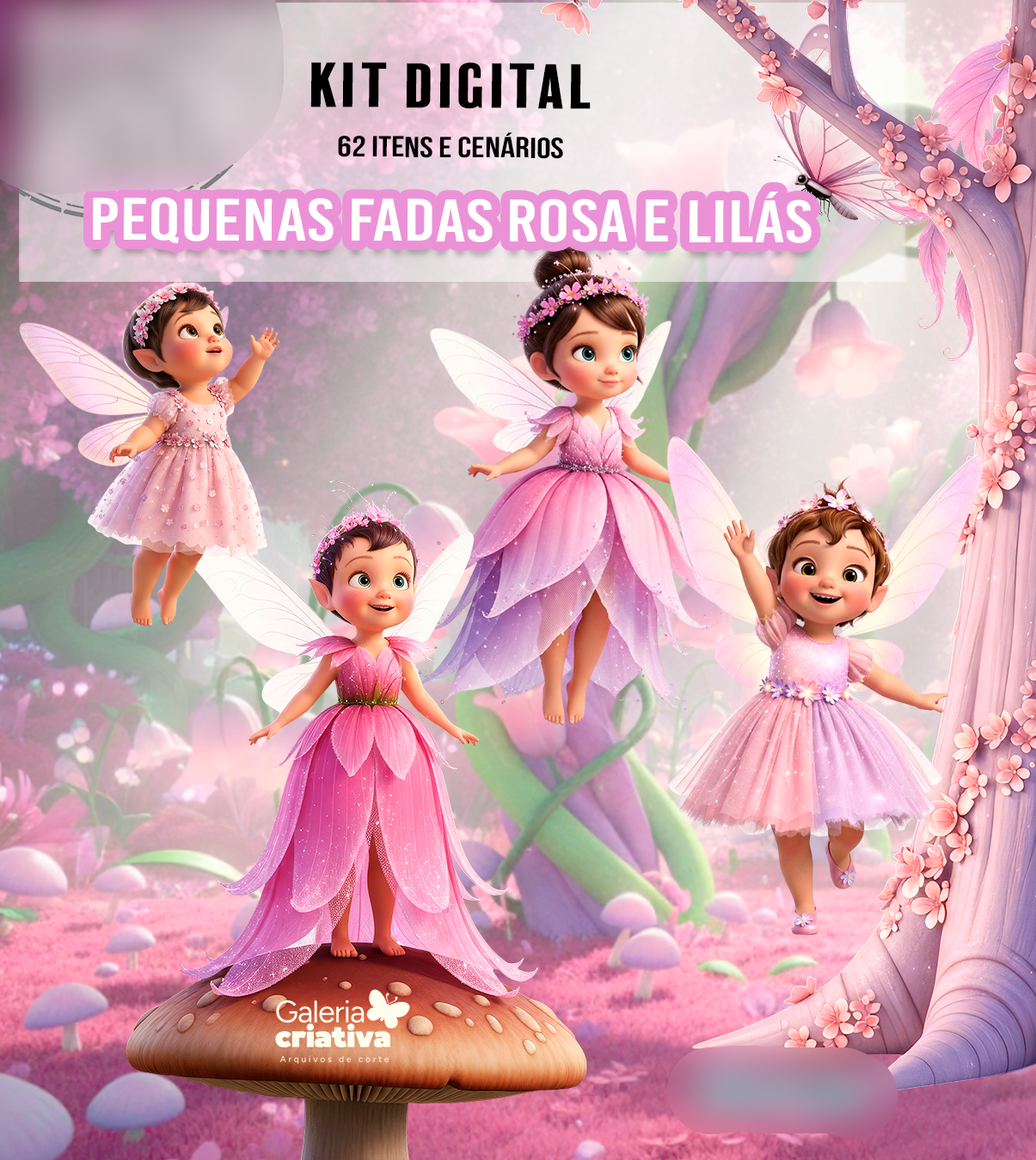 Pequenas Fadas Rosa e Lilás Kit Digital Pequenas Fadas Rosa e Lilás - Imagem 1
