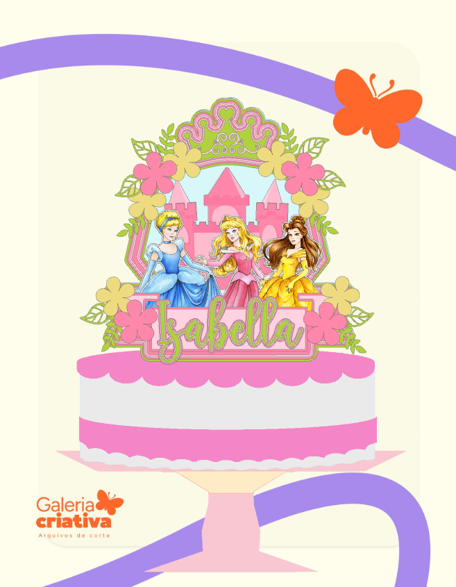 Princesas Disney Floral Arquivo Topo de Bolo Princesas Disney Floral - Imagem 1