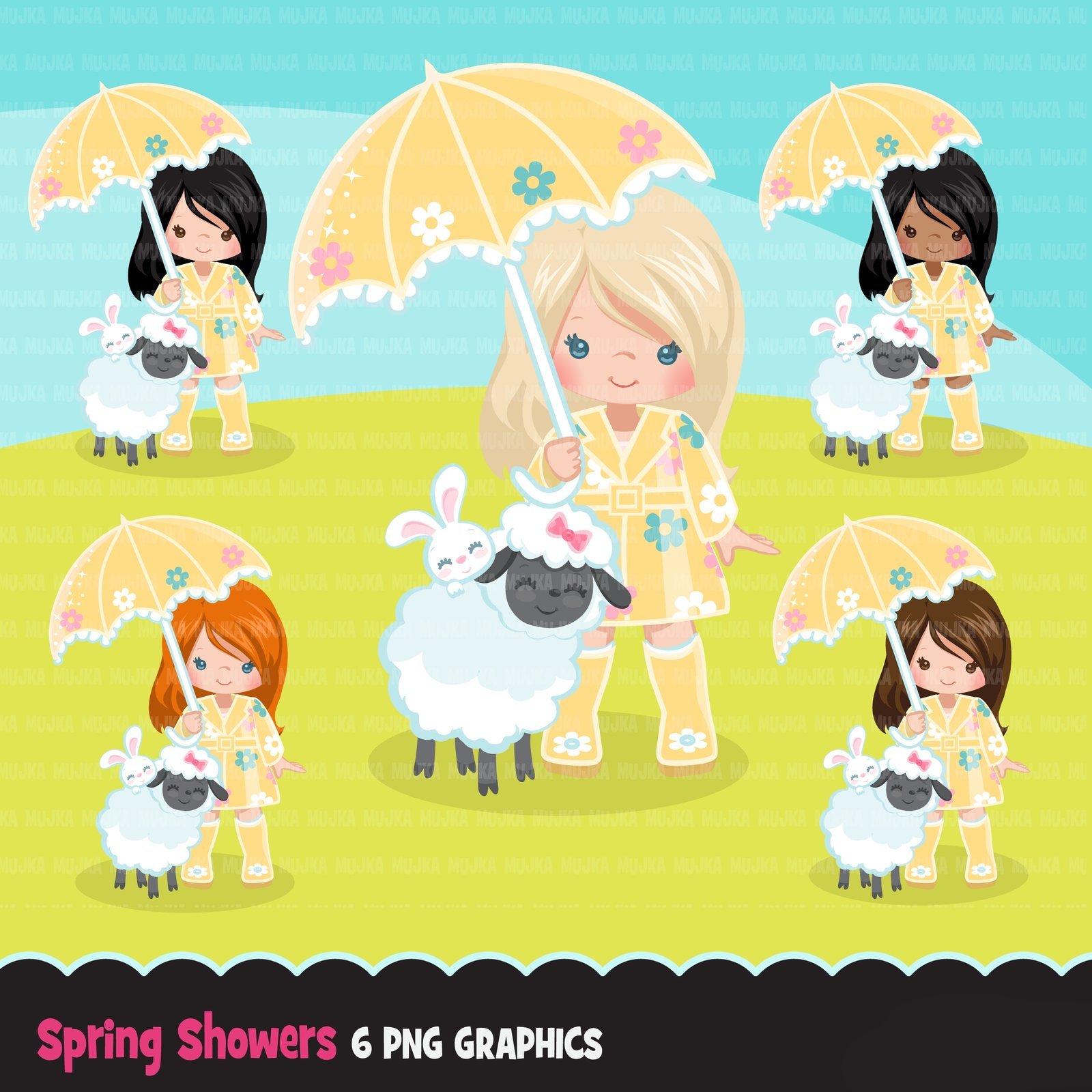 SPRING-RAIN-EASTER Arquivo Kit Digital Meninas Passeando no Campo - Imagem 1