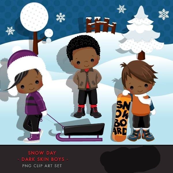Snow-Day-Dark-Skin-Boys-MUJKA Arquivo Kit Digital Meninos Brincando na Neve - Imagem 1