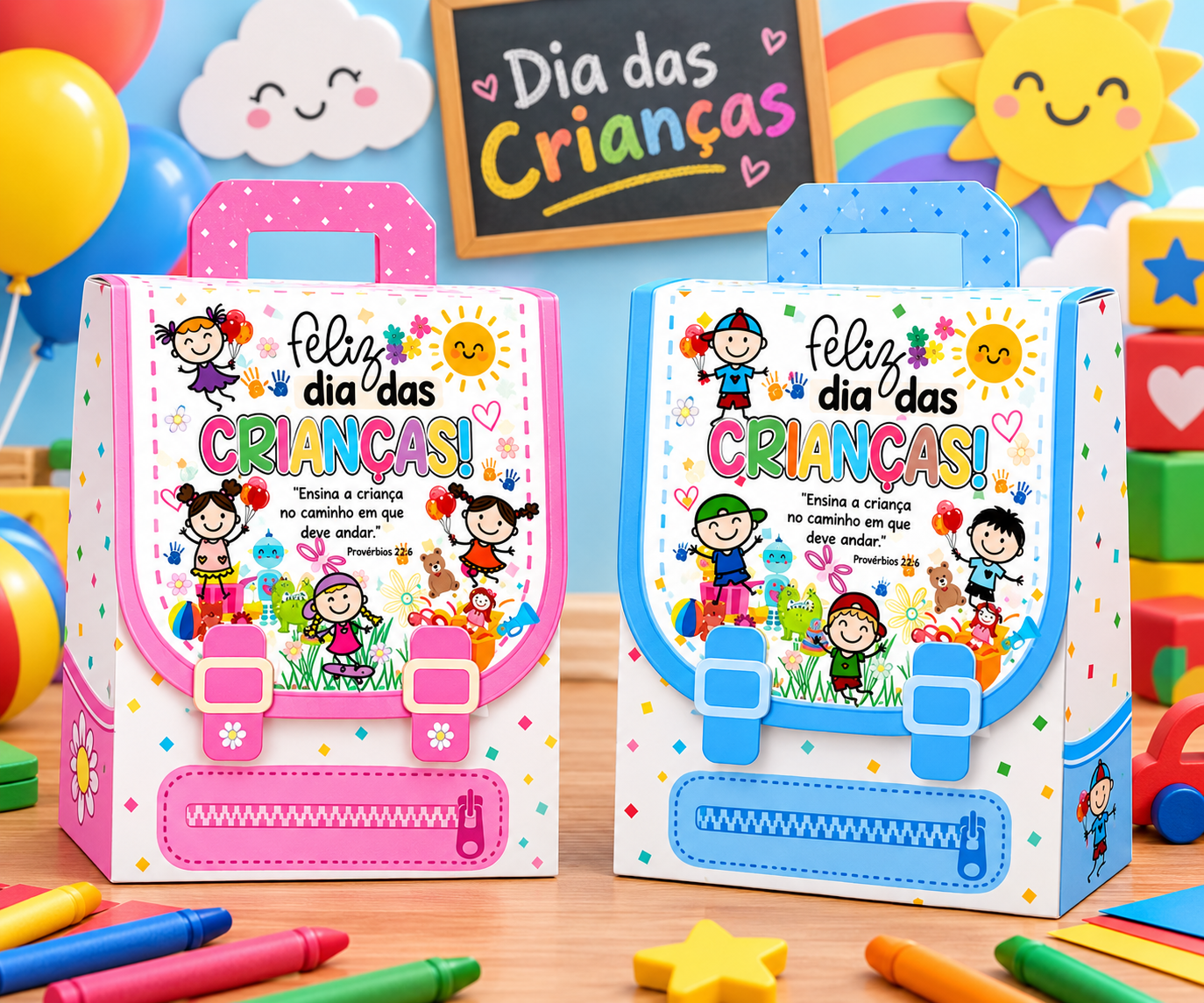 1-Mochila Dia das Crianças Rosa e Azul Arquivo Dia das Crianças Mochilha Rosa e Azul - Imagem 1