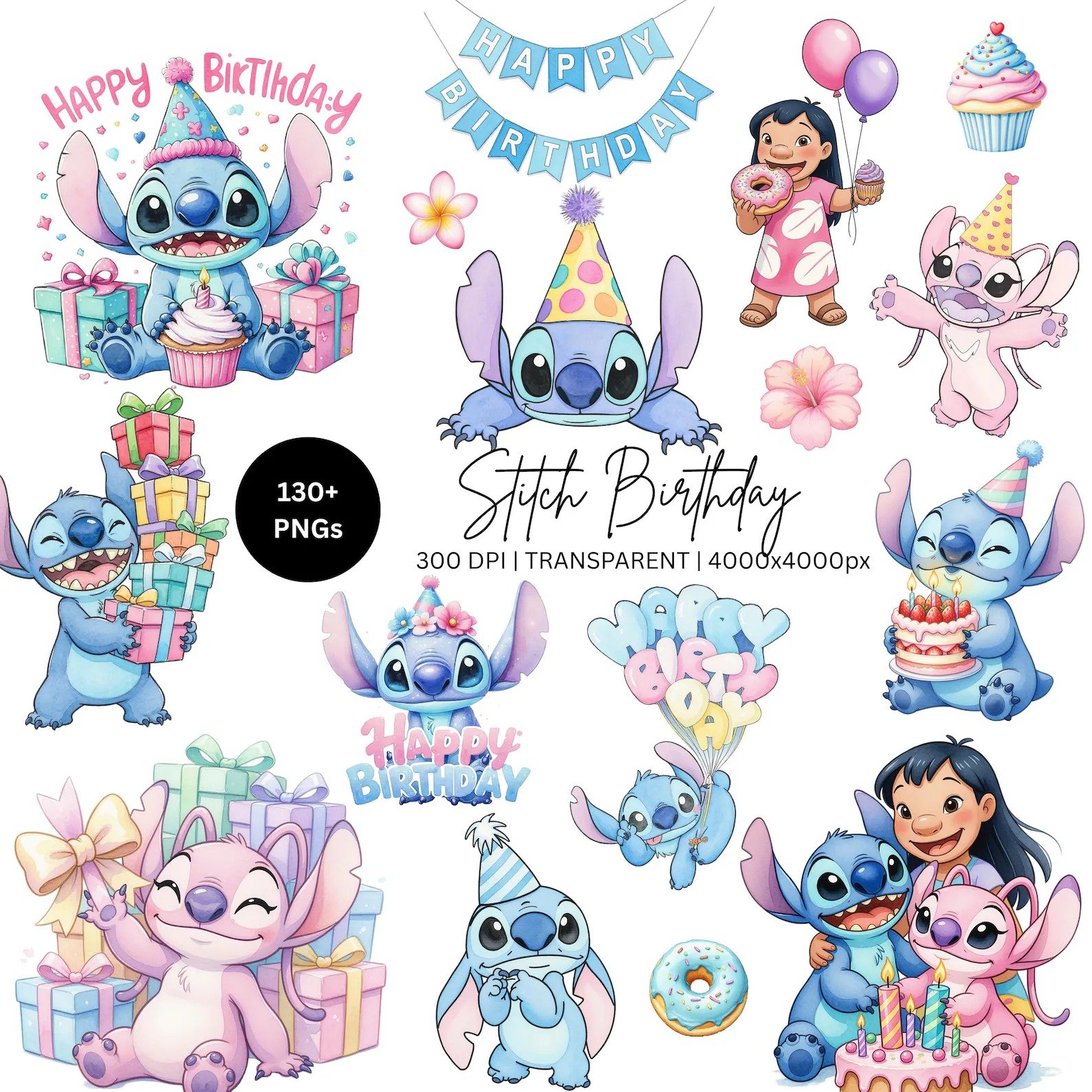 Stitch em aquarela 2 Kit Digital Stitch Happy Birthday Aquerela 2 - Imagem 1