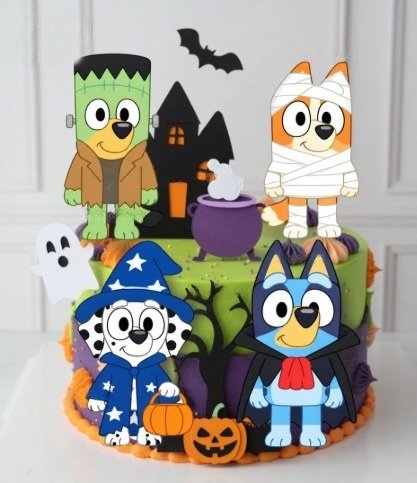 Bluey e Amigos Halloween 3D Arquivo Topo de Bolo Bluey e Amigos Halloween 3D - Imagem 1