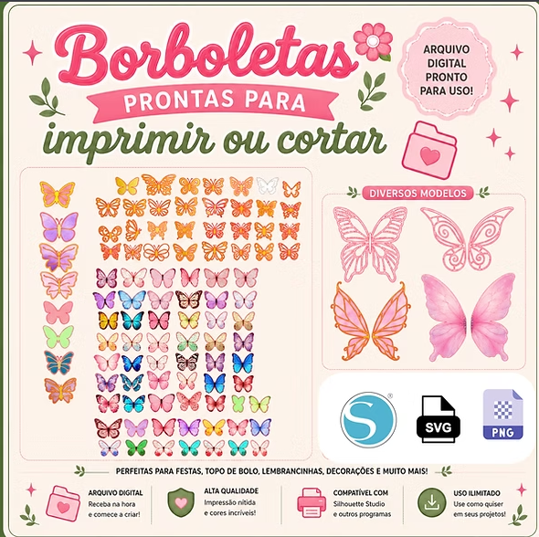 Combo Borboletas Diversos Modelos Arquivo Combo de Borboletas Diversas Cores e Modelos - Imagem 1